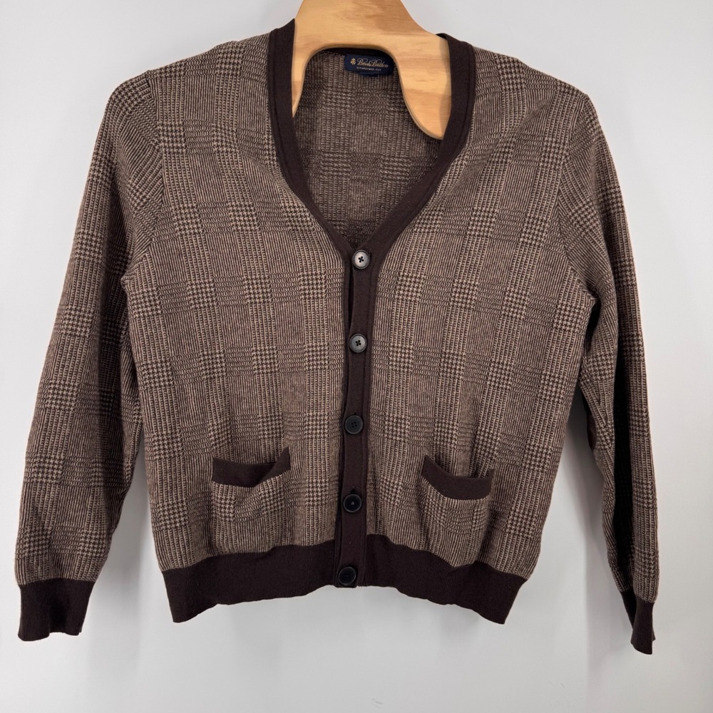 Brooks Brothers Cardigan Mens XL Brown Glen Plaid Lambswool Elbow Patch Sweater - Picture 2 of 7